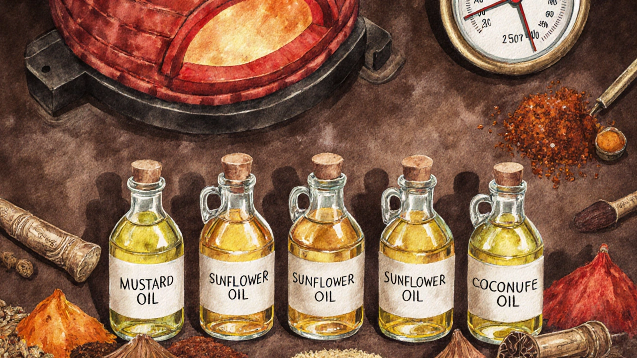 Assortment of oil bottles and spices beside a glowing clay tandoor.