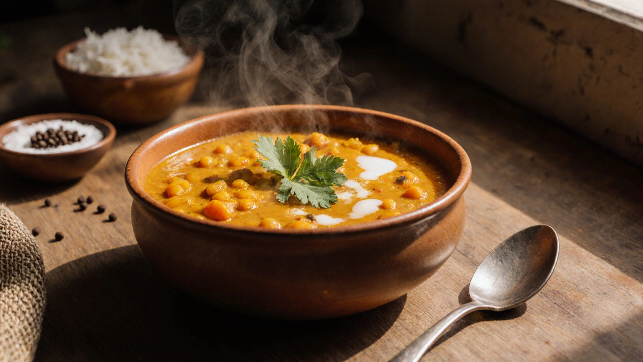 Bowl of bright orange turmeric dal topped with cilantro, served with rice in a cozy kitchen.