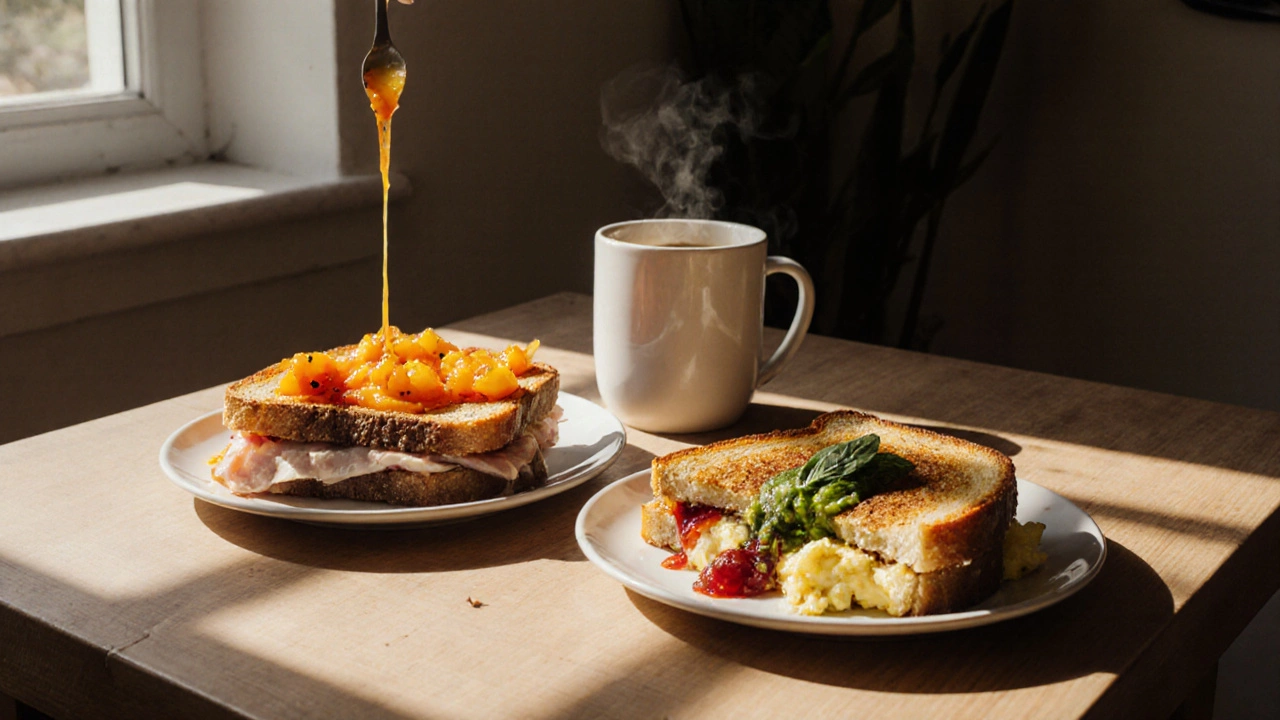 Breakfast spread showing sandwich, eggs and grilled cheese topped with different chutneys.