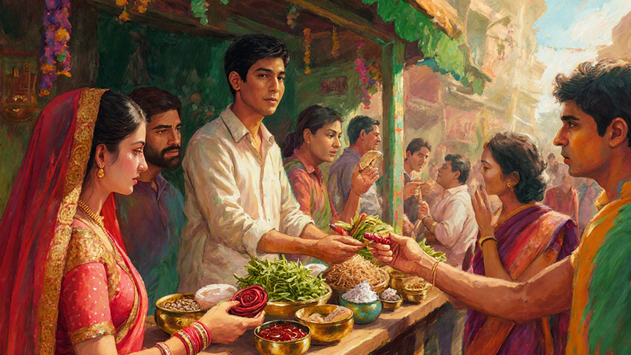 Busy Indian street stall serving colorful paan to customers, including a bride receiving one.