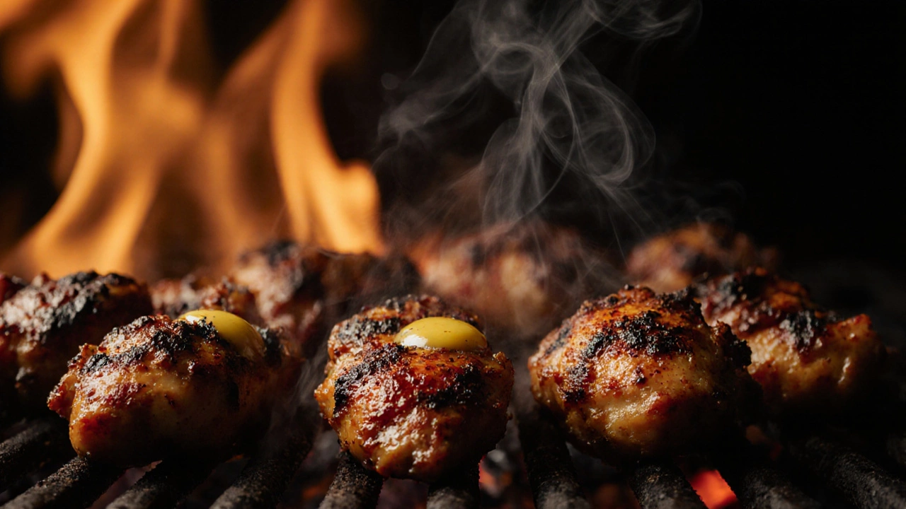 Charred tandoori chicken on a grill with glistening ghee and steam.