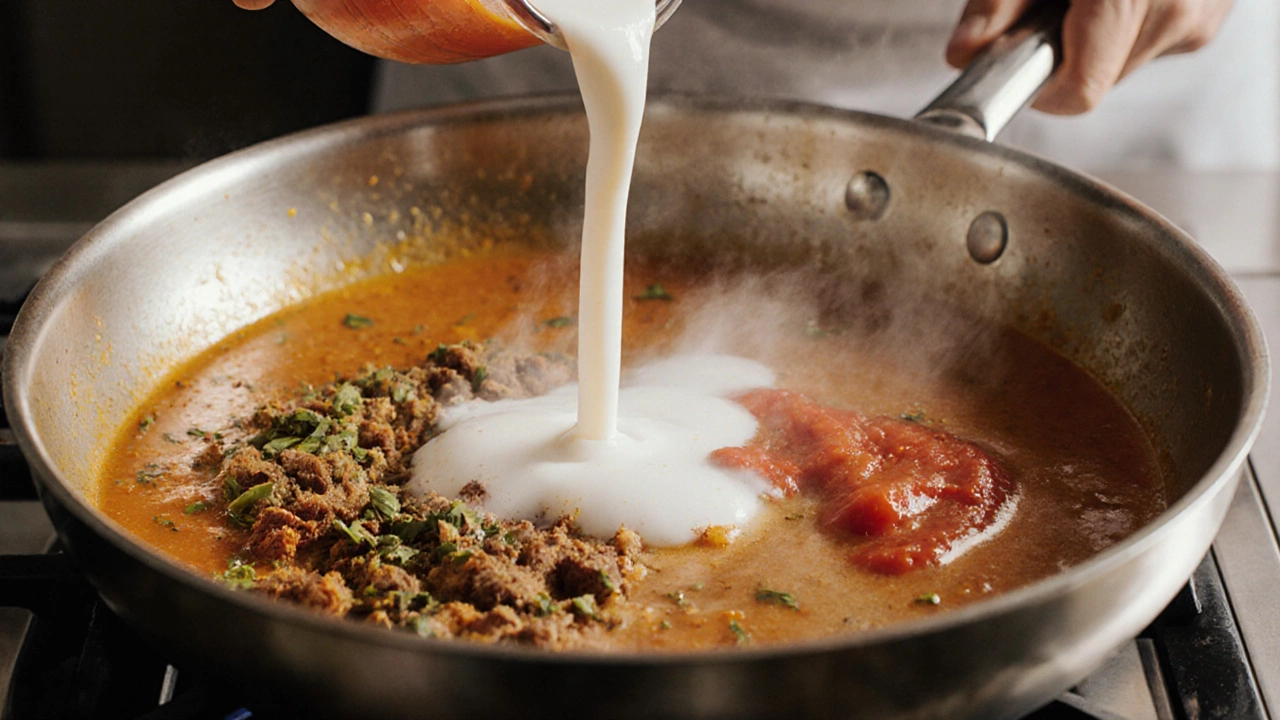 Chef's hands stir a simmering curry, adding coconut milk and tomato puree as spices bloom in the pan.