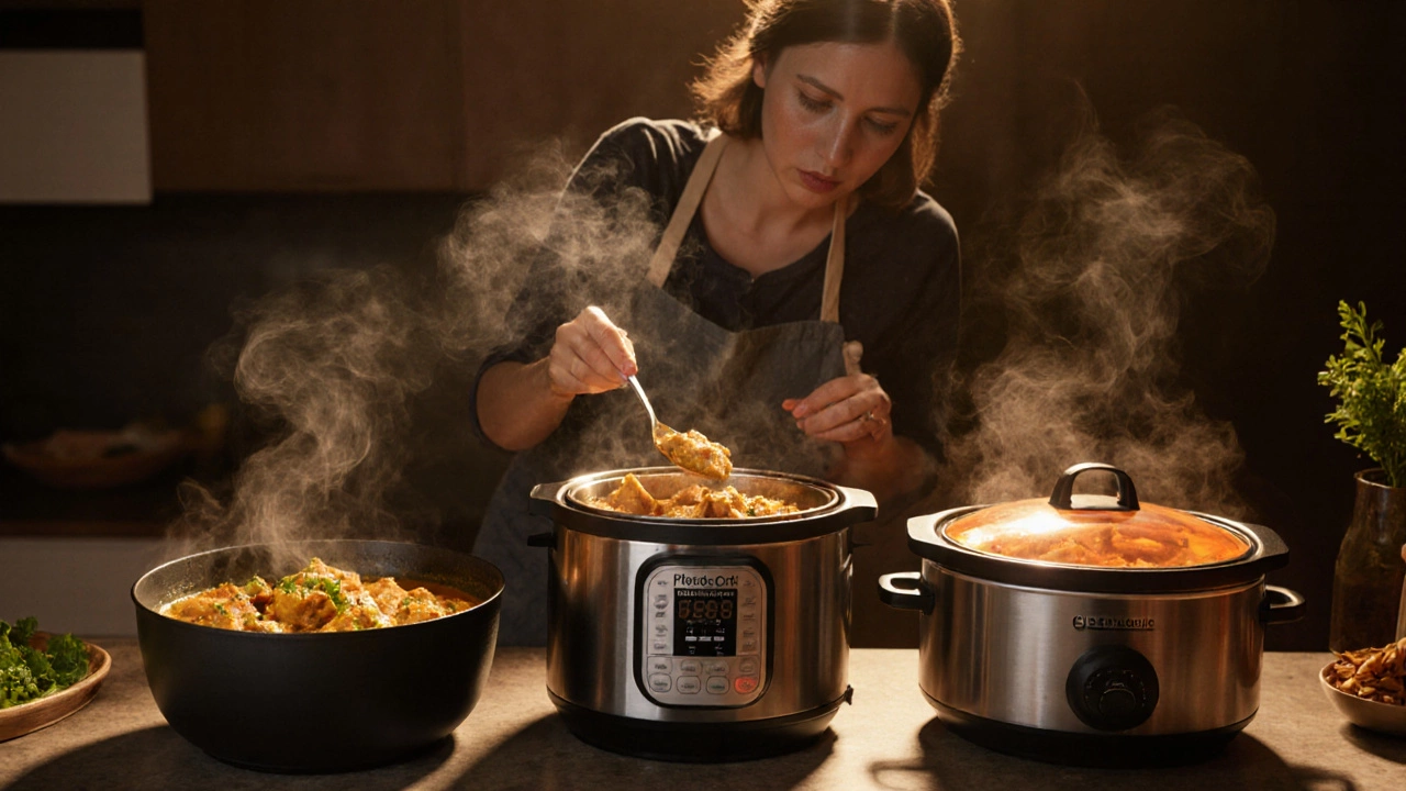 Cinematic kitchen view of stovetop pot, pressure cooker, and slow cooker with tender chicken.