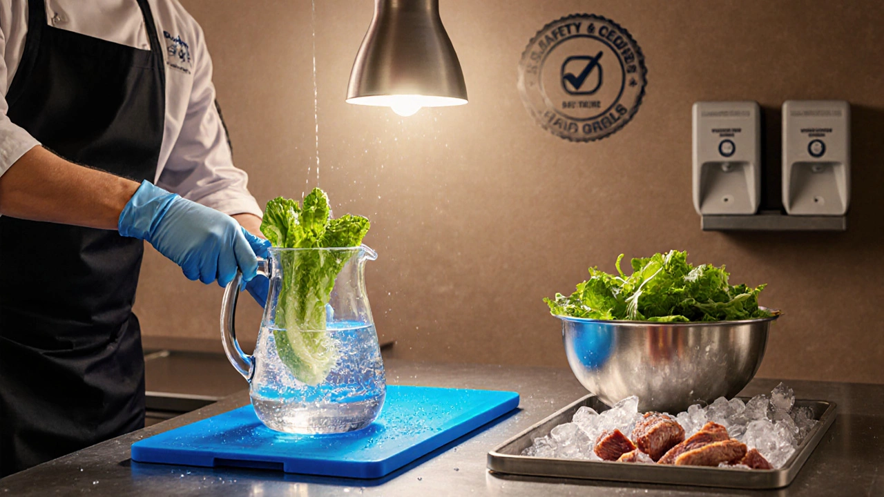 Clean kitchen with chef washing lettuce in bottled water using separate color‑coded cutting boards.