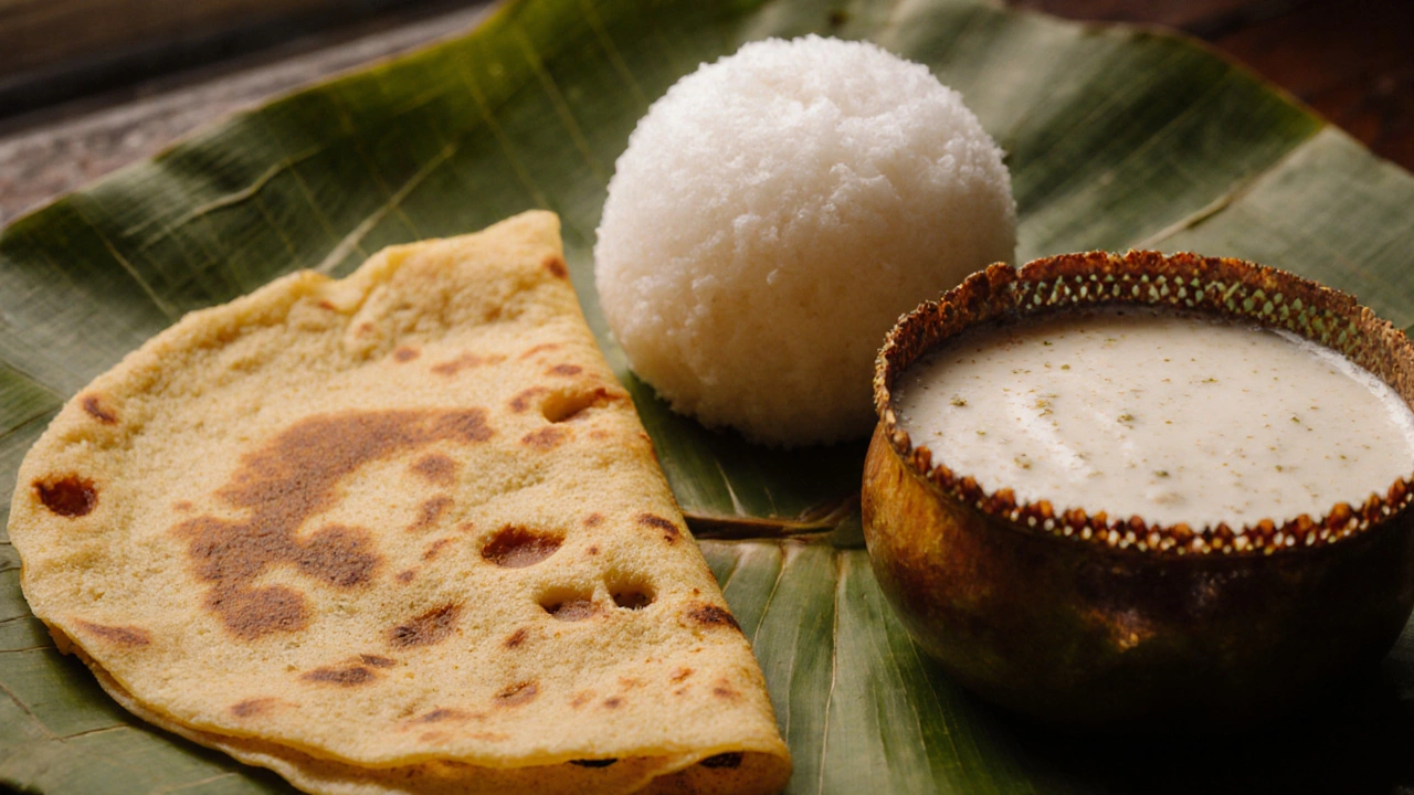 Close‑up of crisp dosa, fluffy idli, and lacy appam on a banana leaf.
