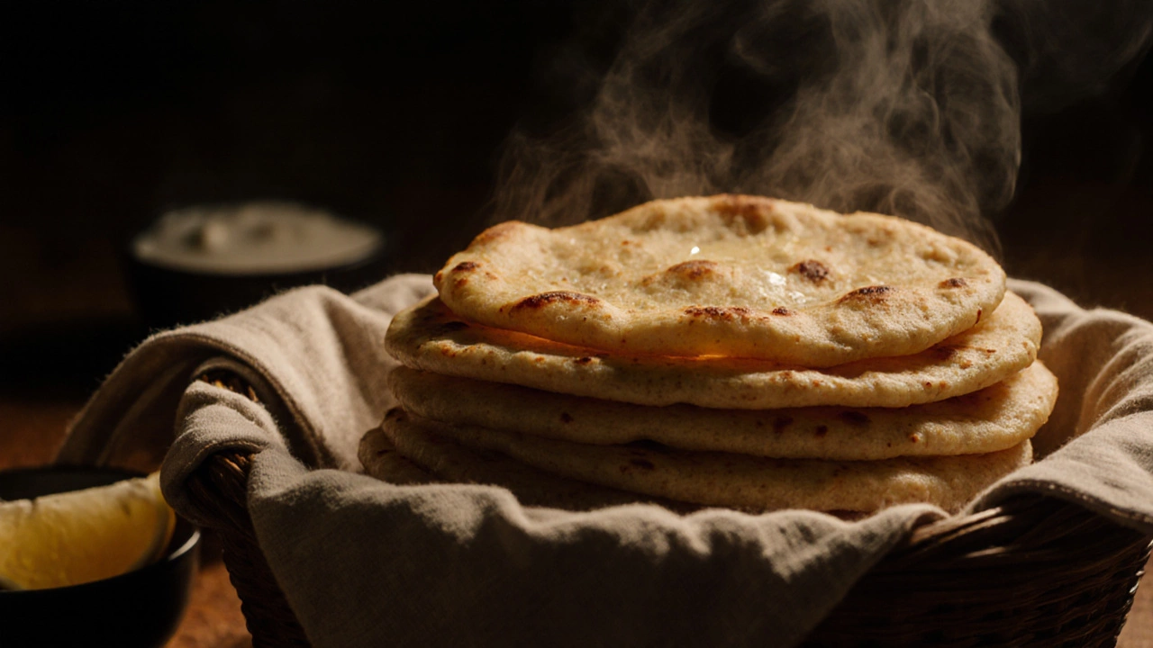 Close‑up of soft, ghee‑brushed rotis stacked in a cloth basket with warm lighting.