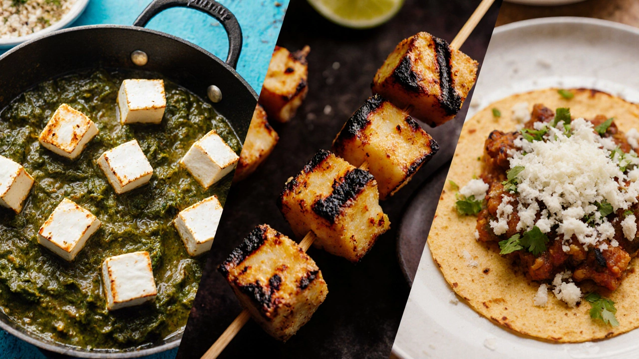 Collage of paneer dishes: saag paneer, grilled paneer skewers, and taco with queso fresco.
