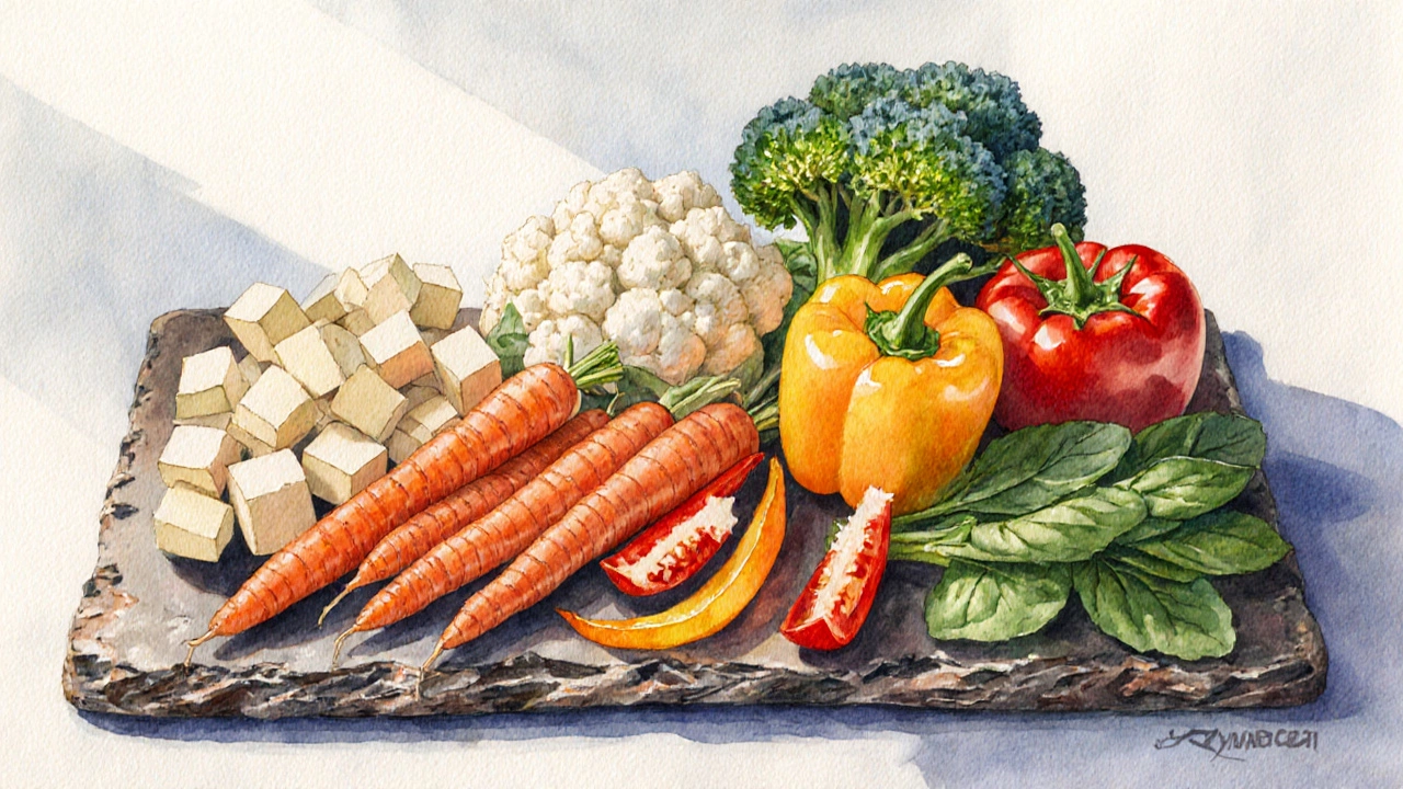 Colorful arrangement of potatoes, carrots, sweet potatoes, cauliflower, broccoli, bell peppers, tomatoes, and spinach on a slate.