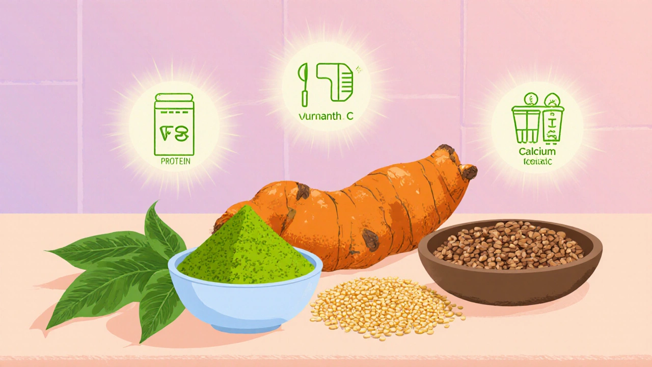 Counter display of Moringa powder, turmeric, amaranth, millet, and lentils.