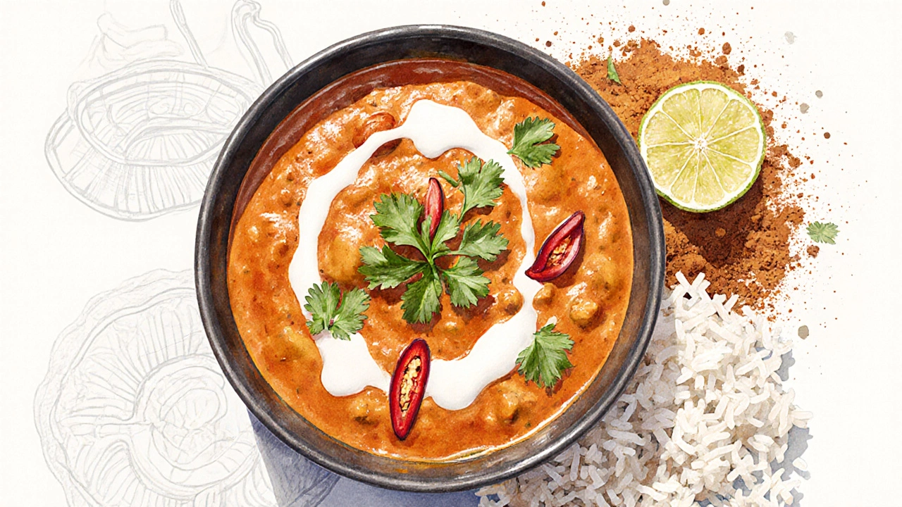 Finished curry bowl with creamy sauce, garnished with cilantro, chilies, cream swirl, and a side of rice.