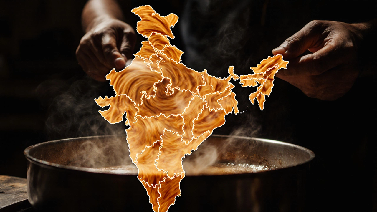 Hands swirling jalebi batter overlaid with a glowing map of India, symbolizing national unity through food.
