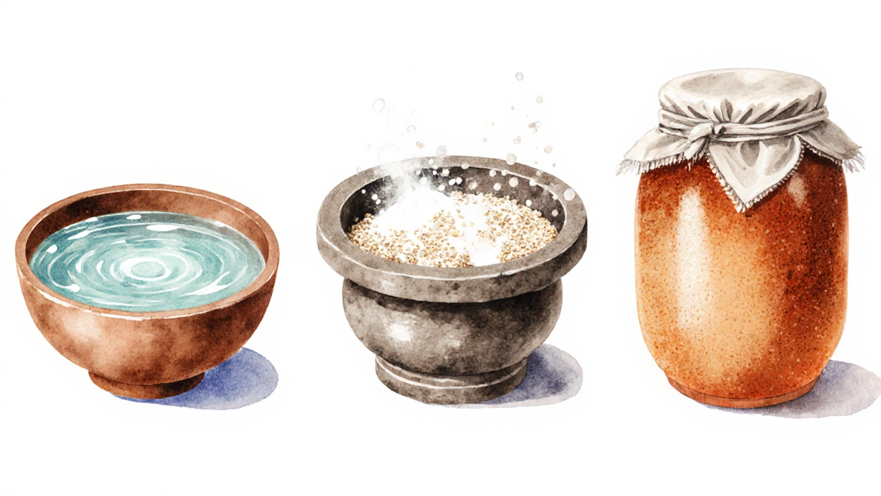 Illustrated steps showing soaking, grinding, and fermenting batter.