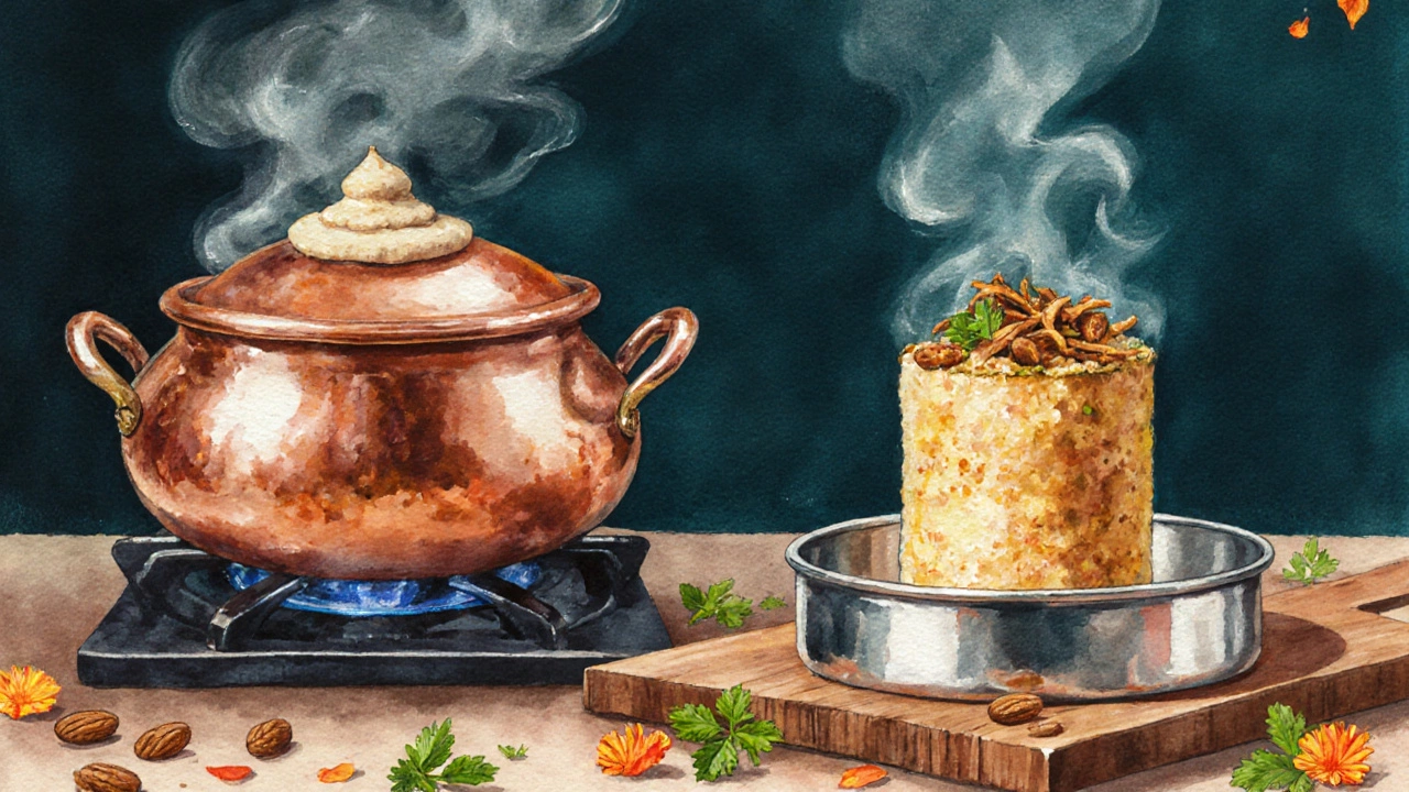 Illustration of a copper biryani pot sealed with dough, steam, garnished with nuts, raisins and herbs.