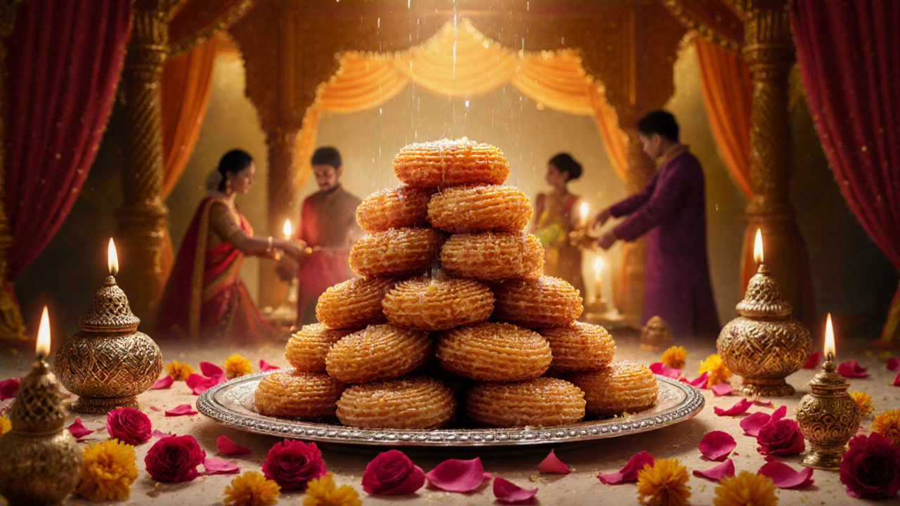 Jalebi stacked high on a silver platter at an Indian wedding, surrounded by flowers and candlelight.