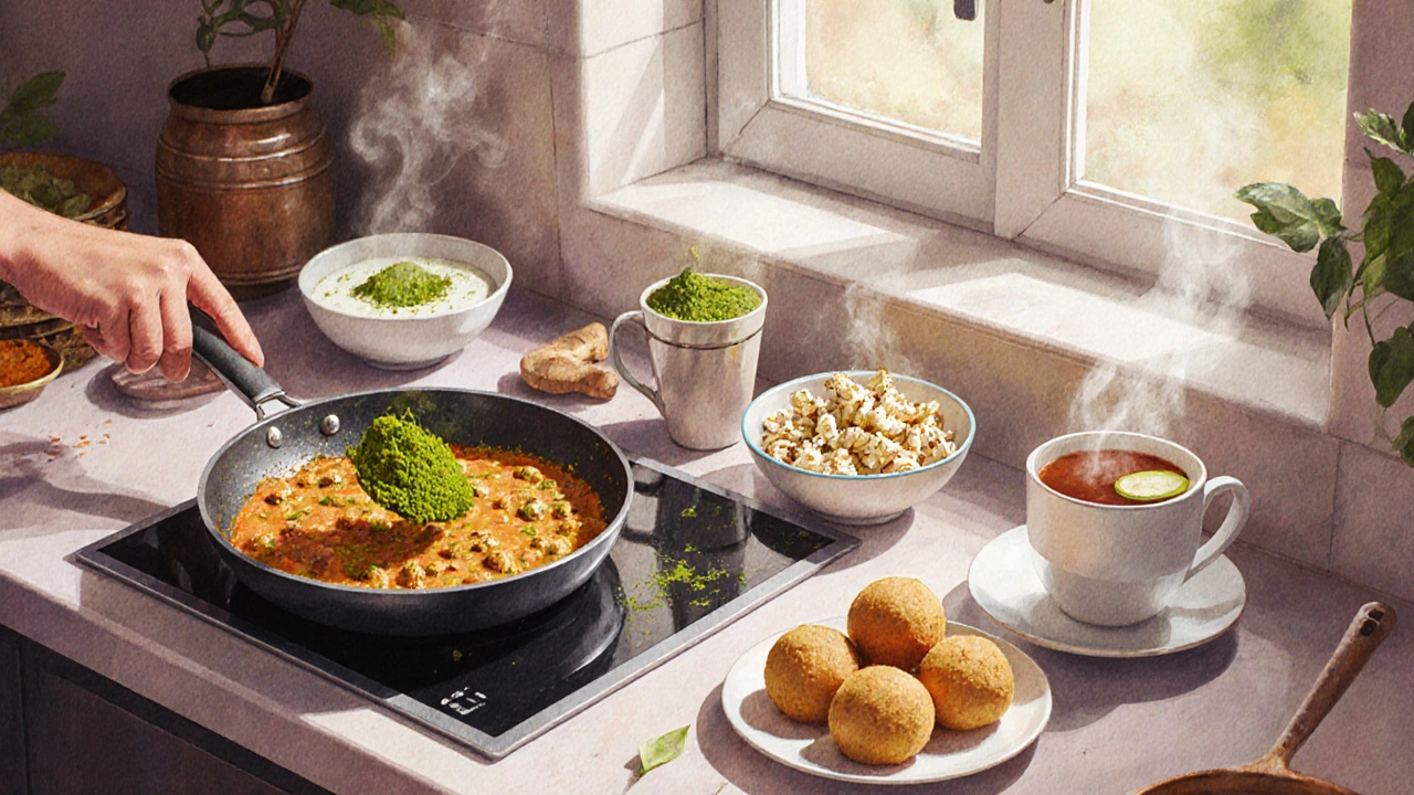 Kitchen scene with Moringa chilla, popcorn, raita, laddoo, and tea.