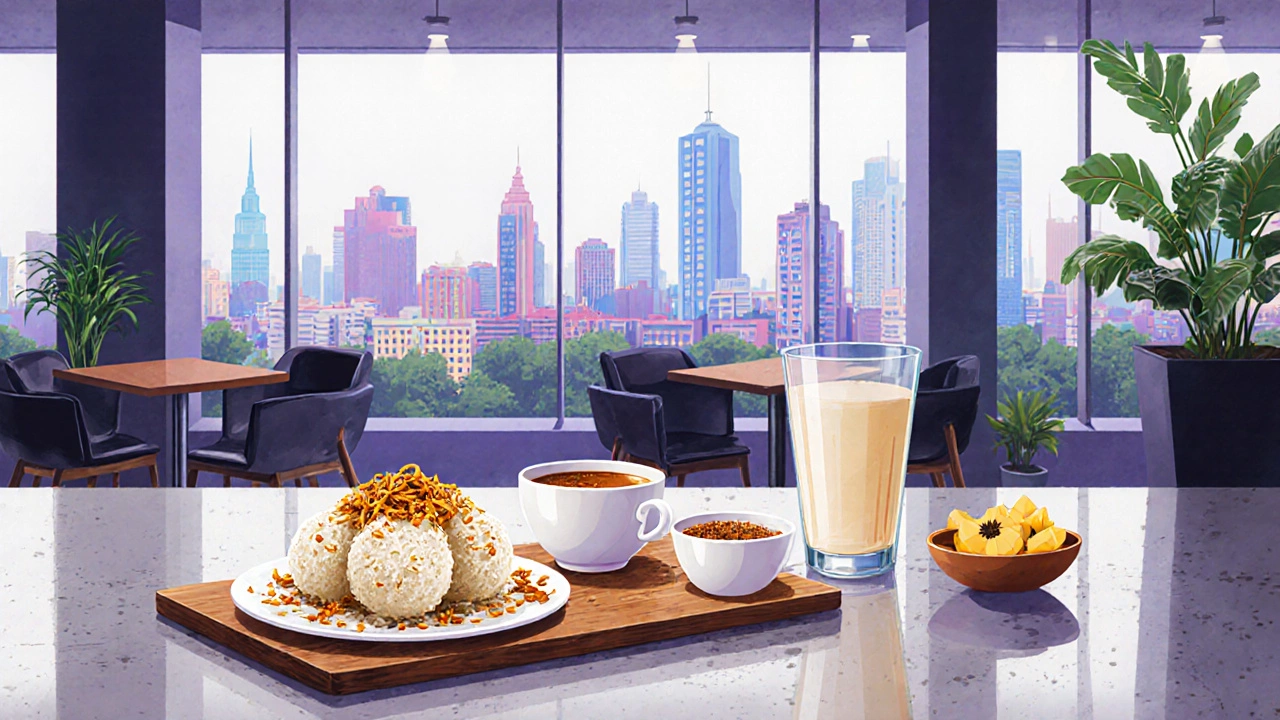 Modern Delhi café table with poha, idli, chai, buttermilk, and papaya.