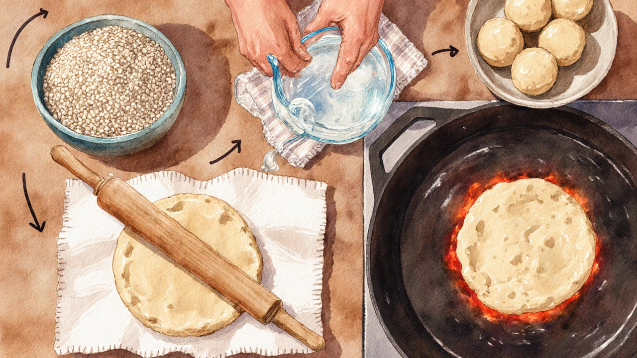 Overhead illustration of roti dough preparation steps with flour, water, kneading, rolling pin, and tawa.