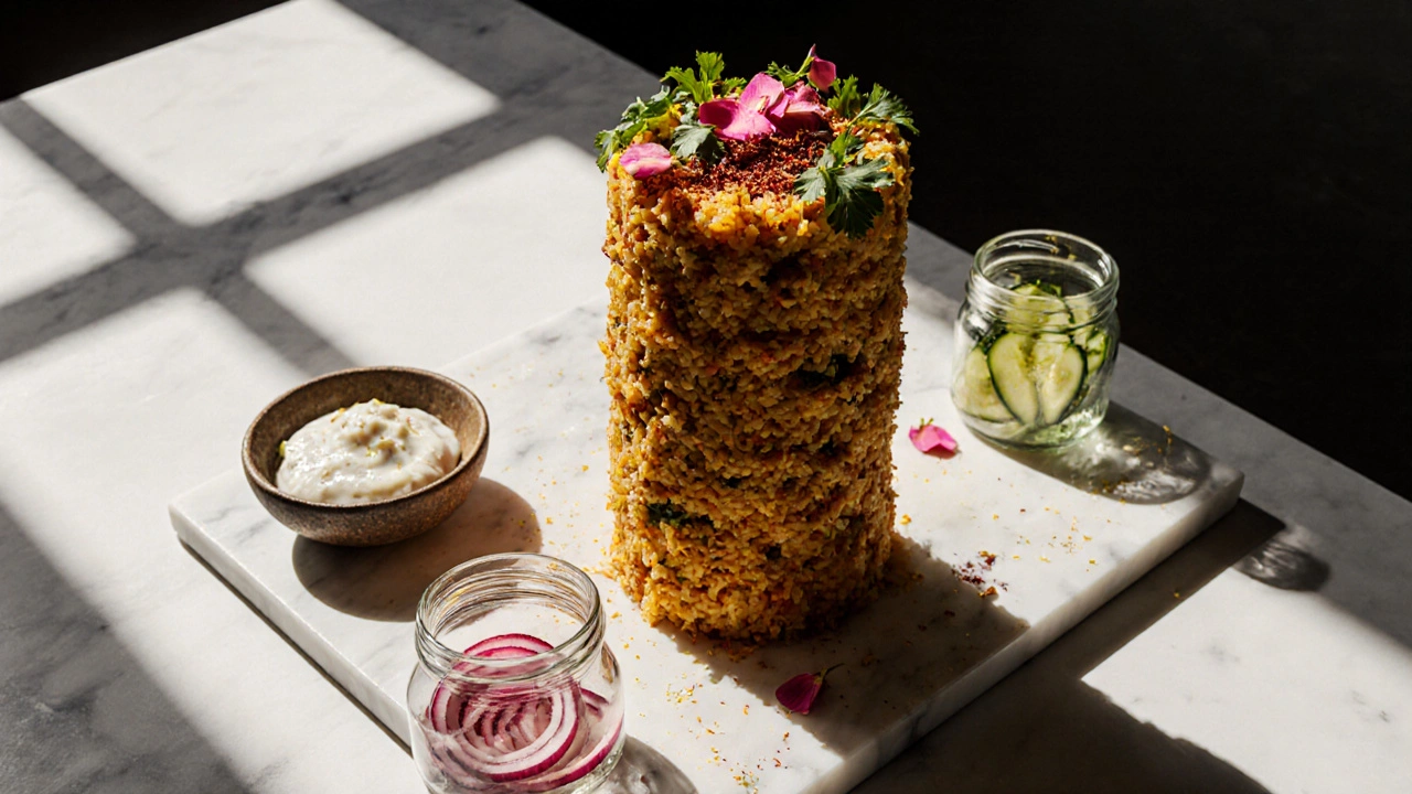 Plated biryani tower with fresh herbs, edible flowers and side bowls of raita and pickled onions.