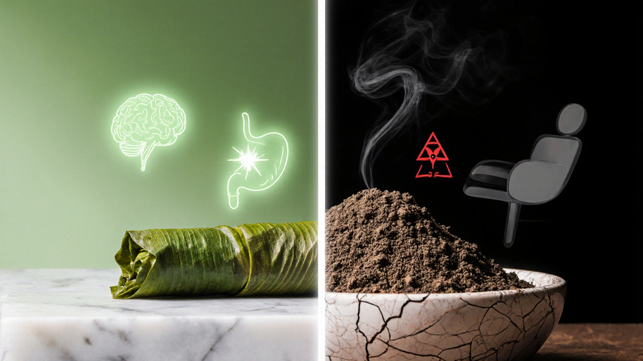 Split view showing fresh paan with health symbols and commercial gutka with warning imagery.