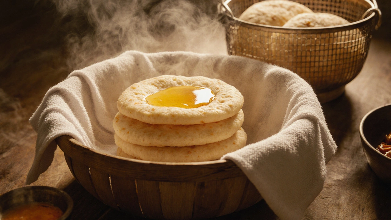 Stack of soft roti under a towel with steam and melted ghee, showing a warm, fluffy finish.