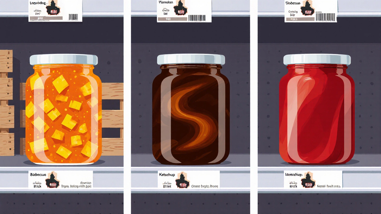 Three condiment jars on a shelf: mushroom‑like mango relish, thick BBQ sauce, smooth ketchup.