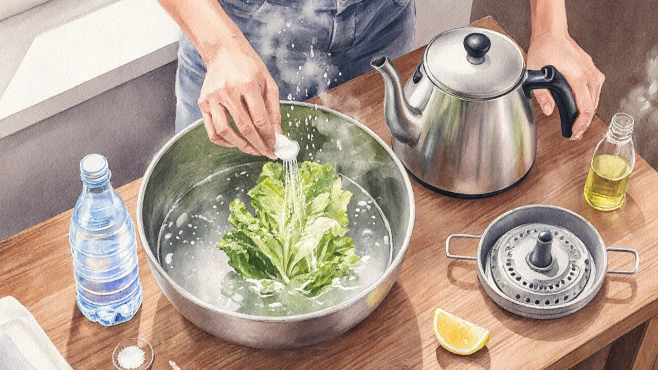 Traveler preparing a safe salad in a hotel kitchen, rinsing lettuce with warm water and vinegar.