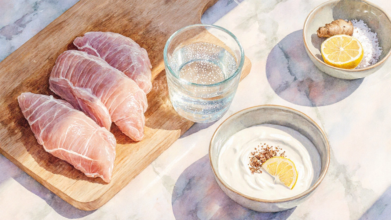 Watercolor kitchen scene showing sliced chicken, brine bowl, and yogurt‑lemon marinade.
