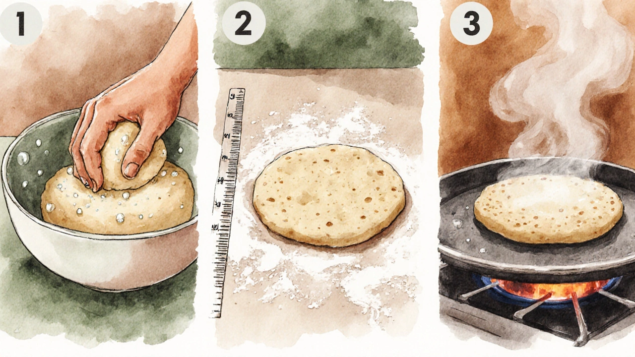 Watercolor steps: kneading dough, rolling a 6‑inch circle, and puffing roti on a hot tawa.