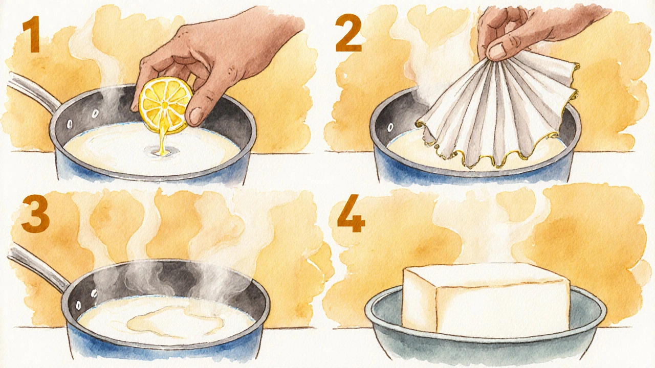 Watercolor steps of making paneer from milk, lemon juice, curds, and pressing.
