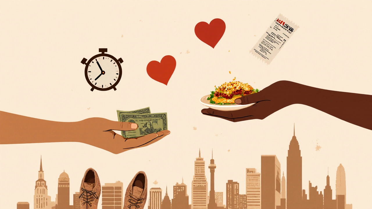 A hand giving cash and another returning food with extra toppings, symbols of trust and routine around them.