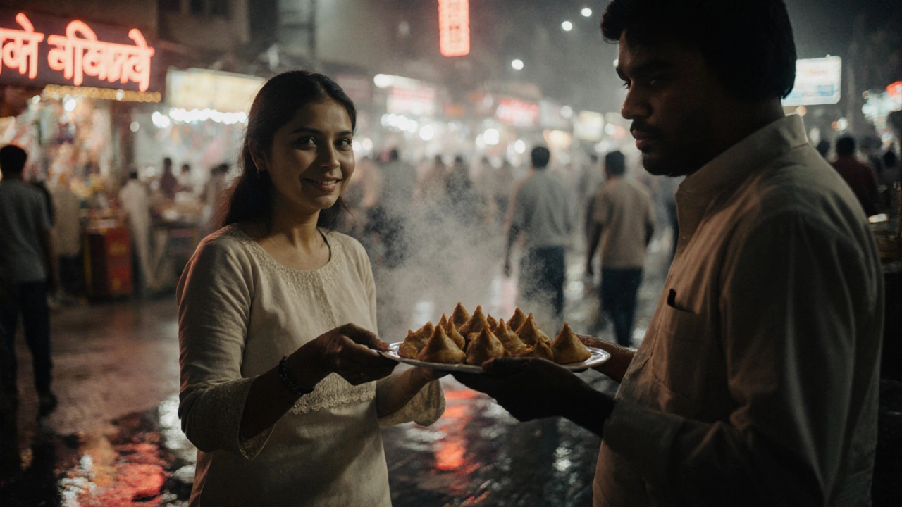 A woman in Delhi receiving samosas from a vendor who smiles at her, night market lights glowing behind them.