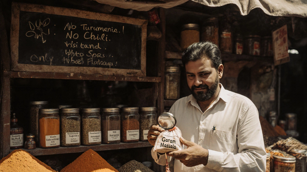 An artisan examining homemade garam masala in a spice market, with turmeric, chili, and fenugreek jars clearly separated.