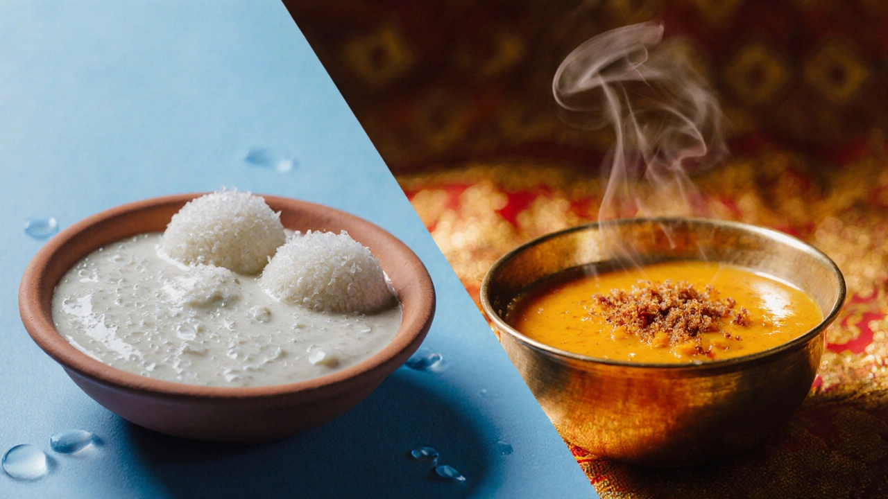 Contrasting bowls of chilled coconut chutney and warmed mango chutney with traditional accompaniments.