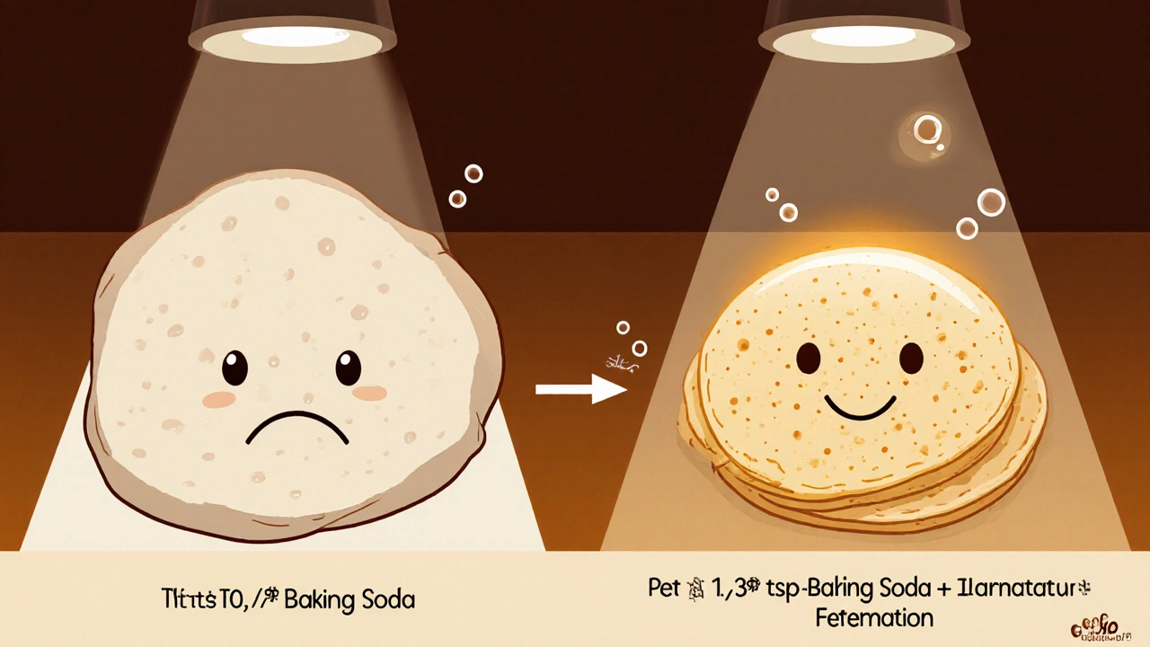 Contrasting dosas: one flat and dull, one fluffy and golden, showing the effect of proper baking soda use.