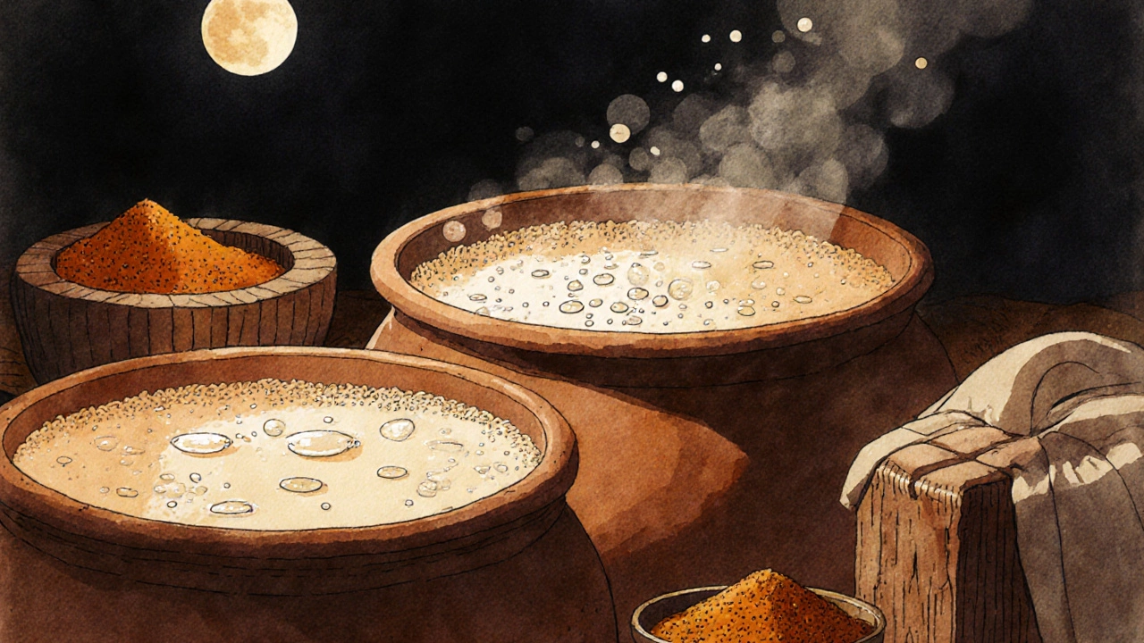 Fermenting rice and lentil batter in earthen pots at night, bubbles forming, traditional tools nearby.