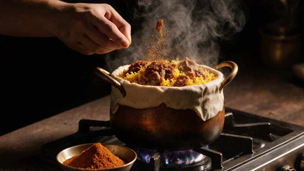 Freshly ground garam masala being sprinkled over a layered biryani, while turmeric oil sizzles separately on the stove.