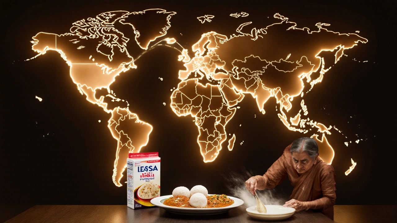 Global map showing Tamil Nadu breakfasts spreading worldwide, traditional and modern preparation side by side.