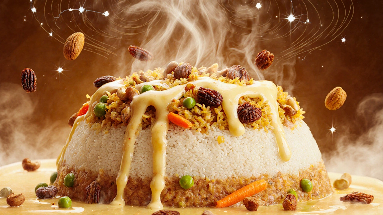 Layered veg biryani with saffron steam and floating spices in dreamy light.