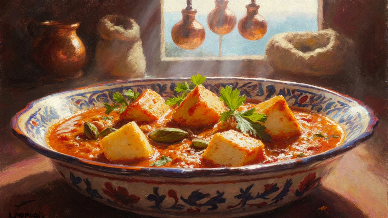 Paneer butter masala in a ceramic dish with cilantro and cardamom garnish.