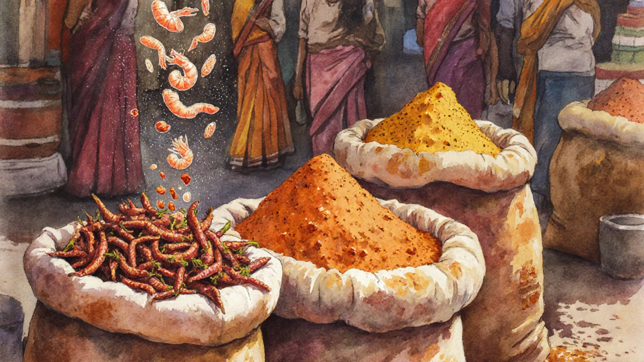 Spice market stall with hidden shrimp particles subtly emerging from curry powder.