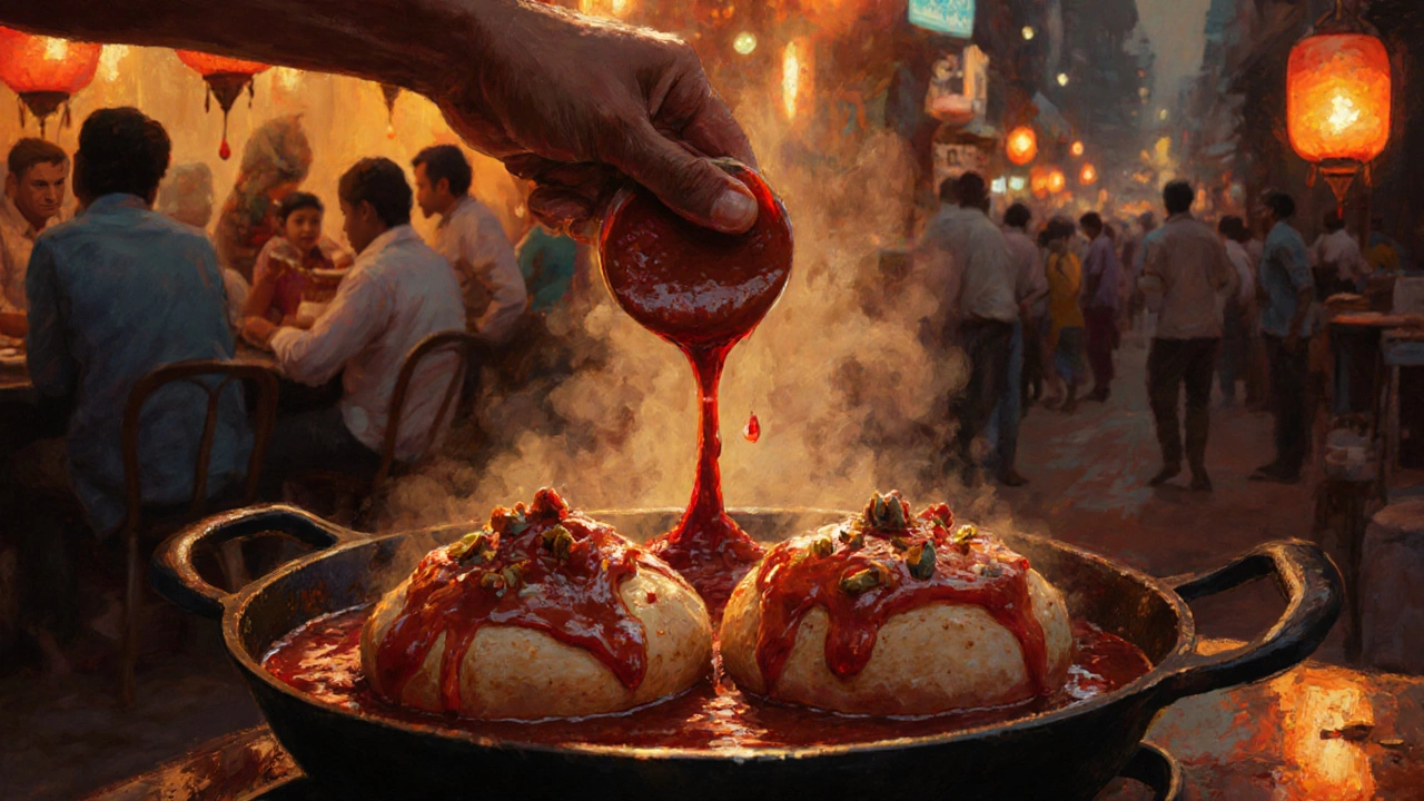 Street vendor drizzling warm tamarind chutney over hot pav bhaji at a bustling Mumbai stall.