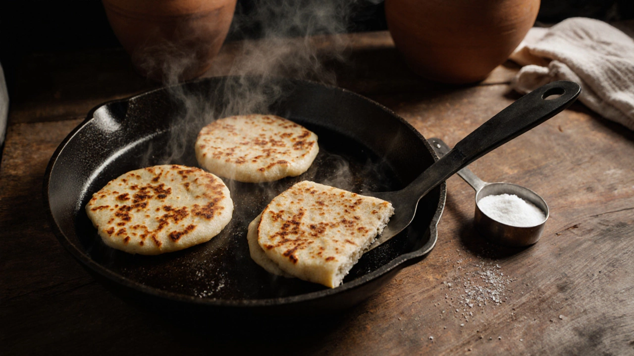 Three golden, crispy dosas puffing on a hot cast iron griddle with steam rising and a measuring spoon nearby.