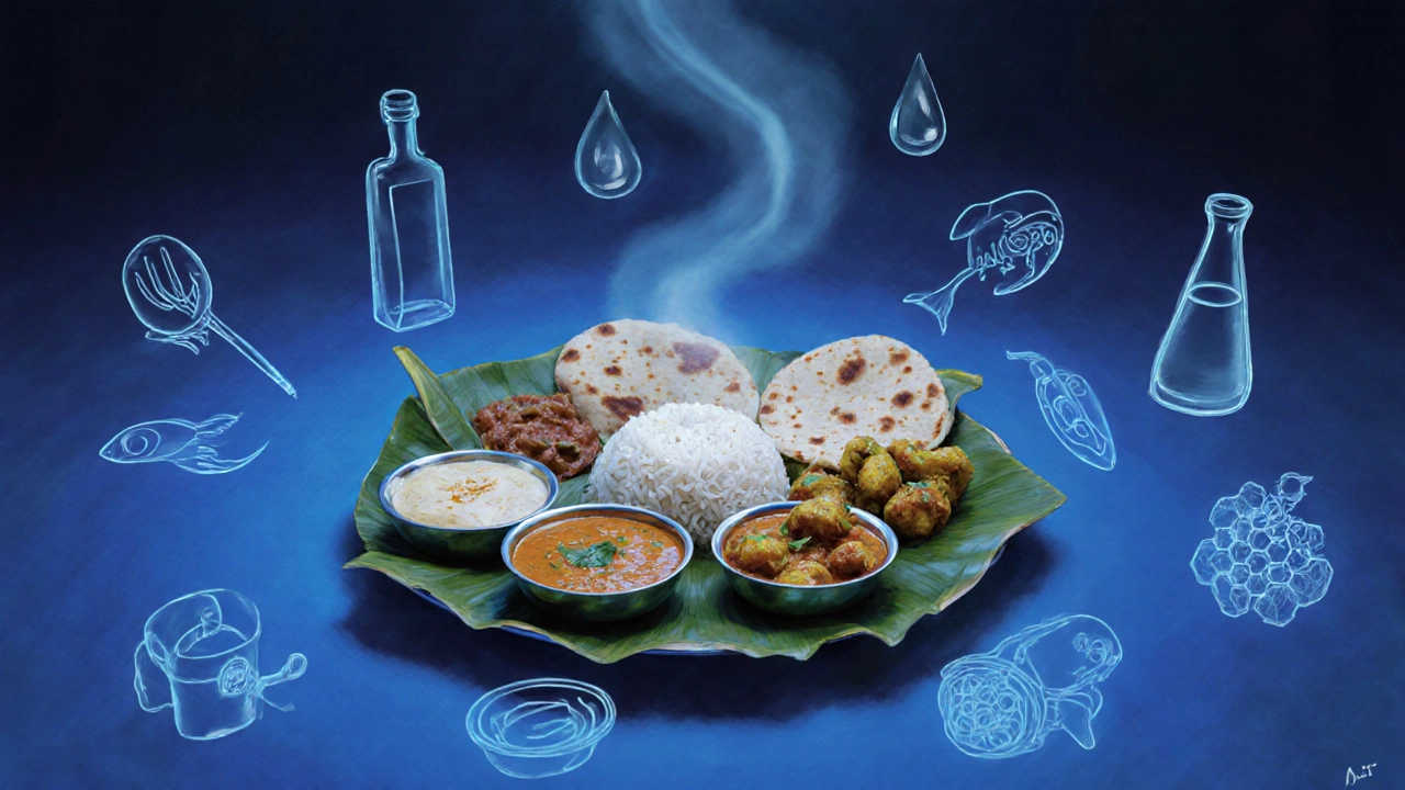 Vegetarian Indian meal with ghostly outlines of hidden animal ingredients fading away.