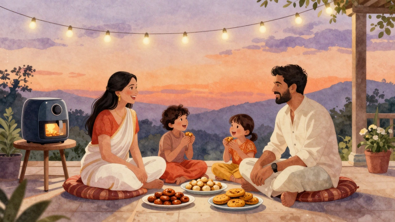 A family sharing healthy crispy snacks on a verandah at sunset, with an air fryer nearby.