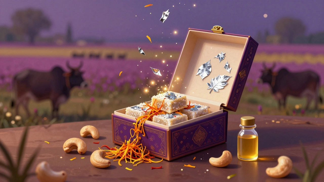 A luxury kaju katli box opening with floating silver leaf and saffron threads glowing in golden light.