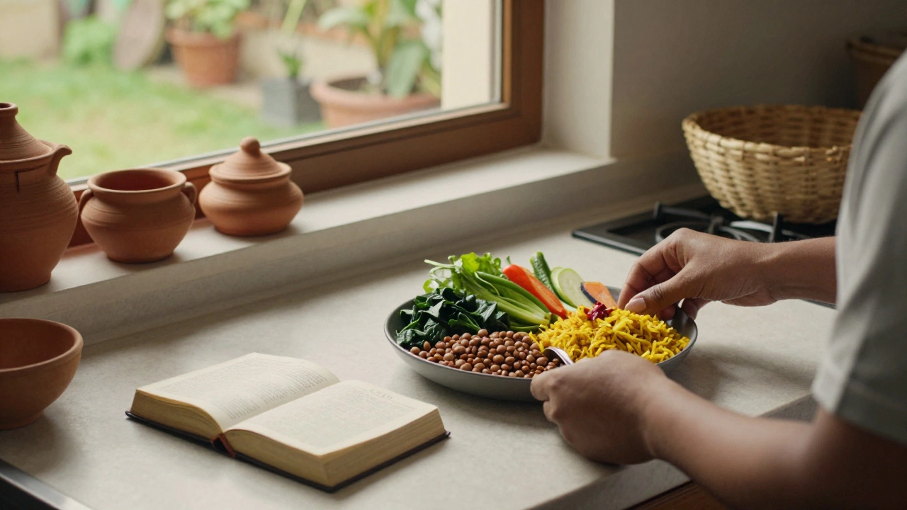 A person cooking a vegetarian meal in India with an open Bible showing Genesis 1:29.