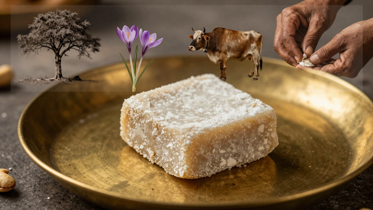 A single kaju katli with transparent overlay showing its ingredients' origins: cashews, saffron, and cowherds.
