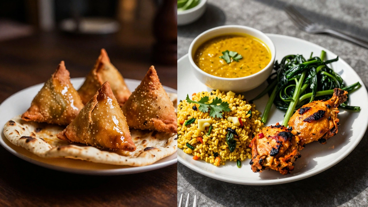 Contrasting plates: fried samosas vs. healthy Indian dishes with vegetables and grilled protein.