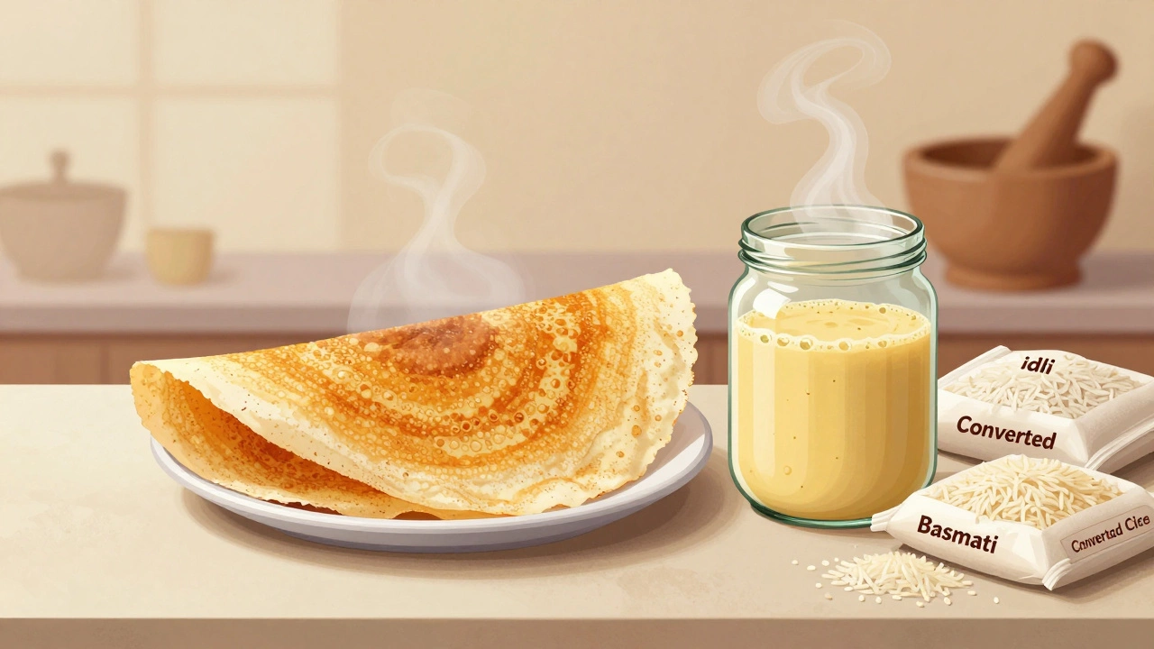 Crispy golden dosa on tawa with fermented batter jar and rice bags on counter