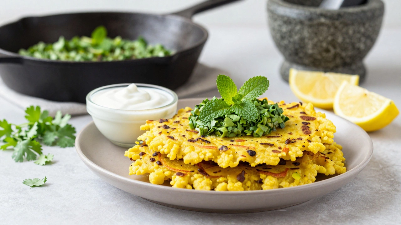 Golden lentil pancakes with mint chutney and yogurt on a wooden plate.